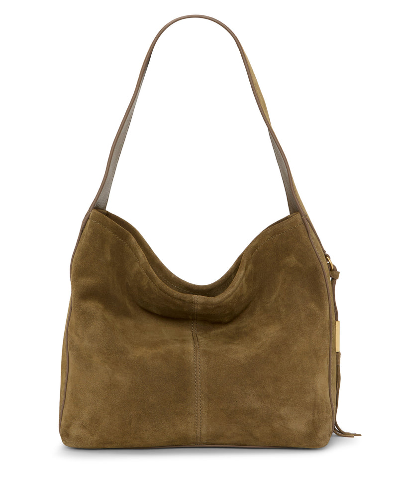 The Vince Camuto Aleah Shoulder Bag features olive-brown suede, a single wide shoulder strap, a soft slouchy silhouette, and subtle center and side stitching—an effortlessly chic choice for any fall occasion.