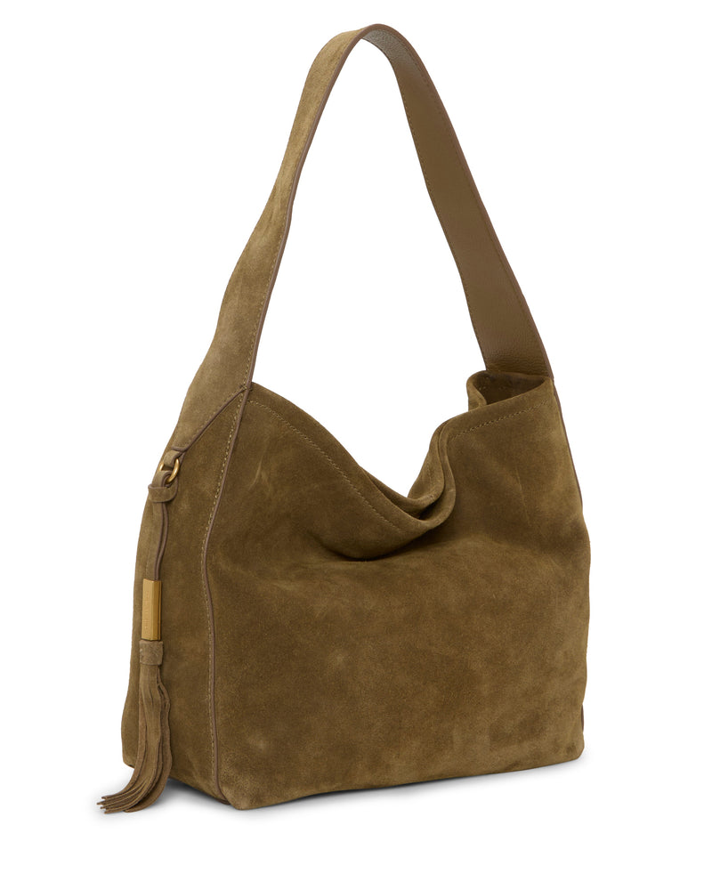 Discover the Aleah Shoulder Bag by Vince Camuto—a chic brown suede shoulder bag featuring a wide strap, gold-tone hardware, and an eye-catching side tassel. Its slouchy, relaxed silhouette makes this Vince Camuto essential the perfect blend of style and practicality for Fall.