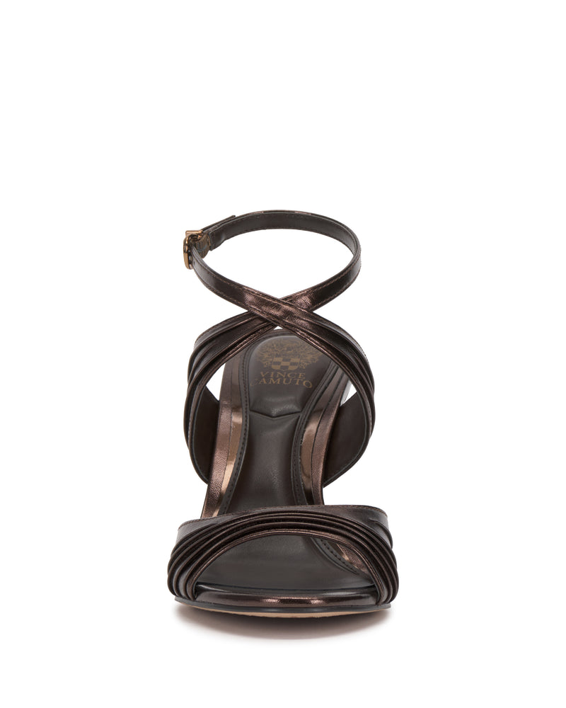 Front view of the Altnori Sandal by Vince Camuto in metallic brown, featuring crisscross straps and a buckled ankle strap, displayed against a white background.