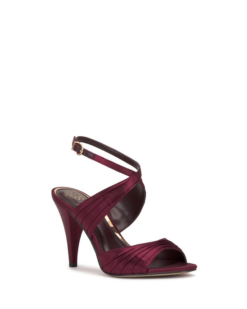 Maroon Vince Camuto Altnori Sandal with open toe, crisscross straps, and ankle buckle, shown on a white background.