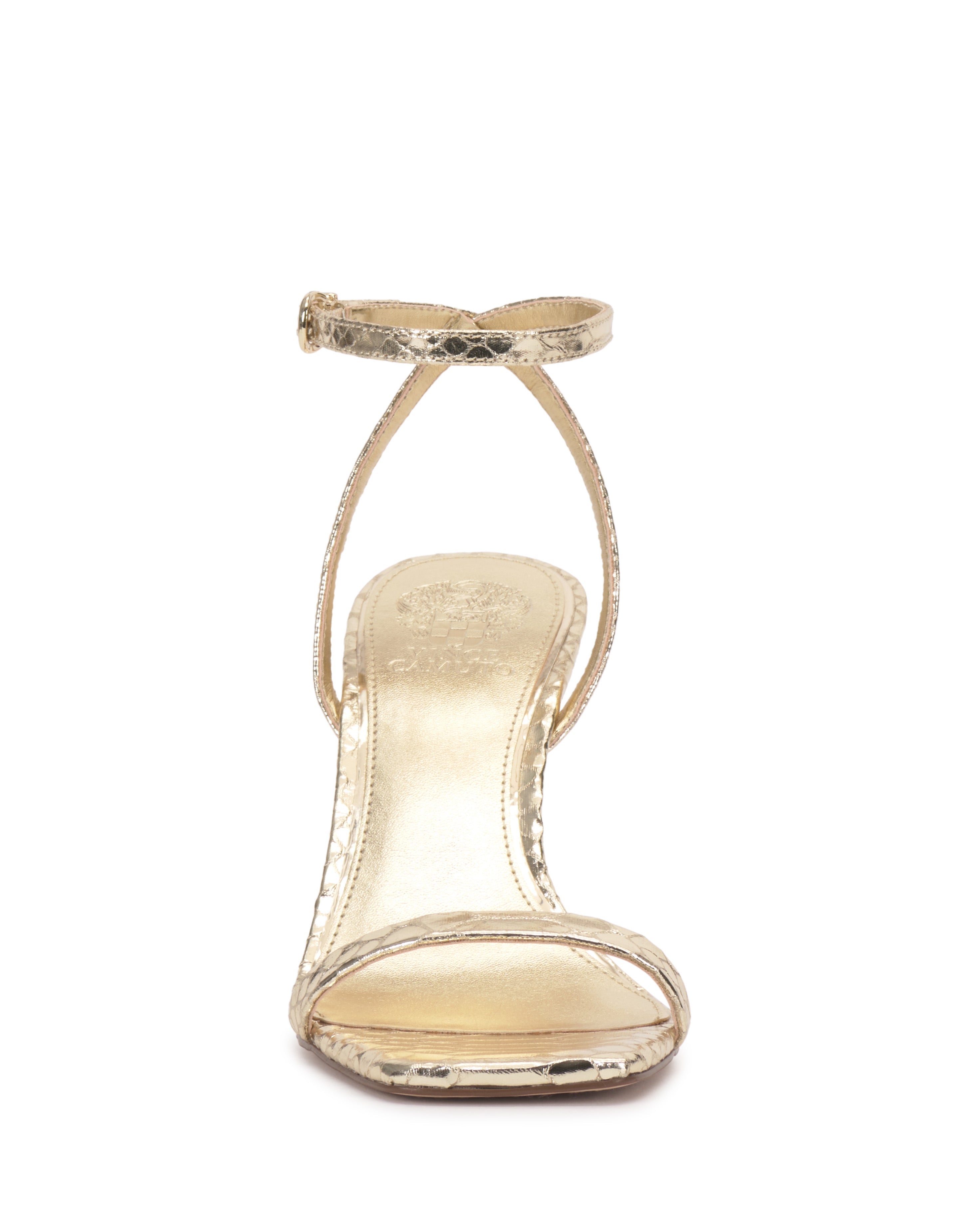 The Ambee Wedge Sandal by Vince Camuto features a metallic gold finish, thin ankle strap, single toe strap, open toe design, and textured shine—perfect for formal occasions.