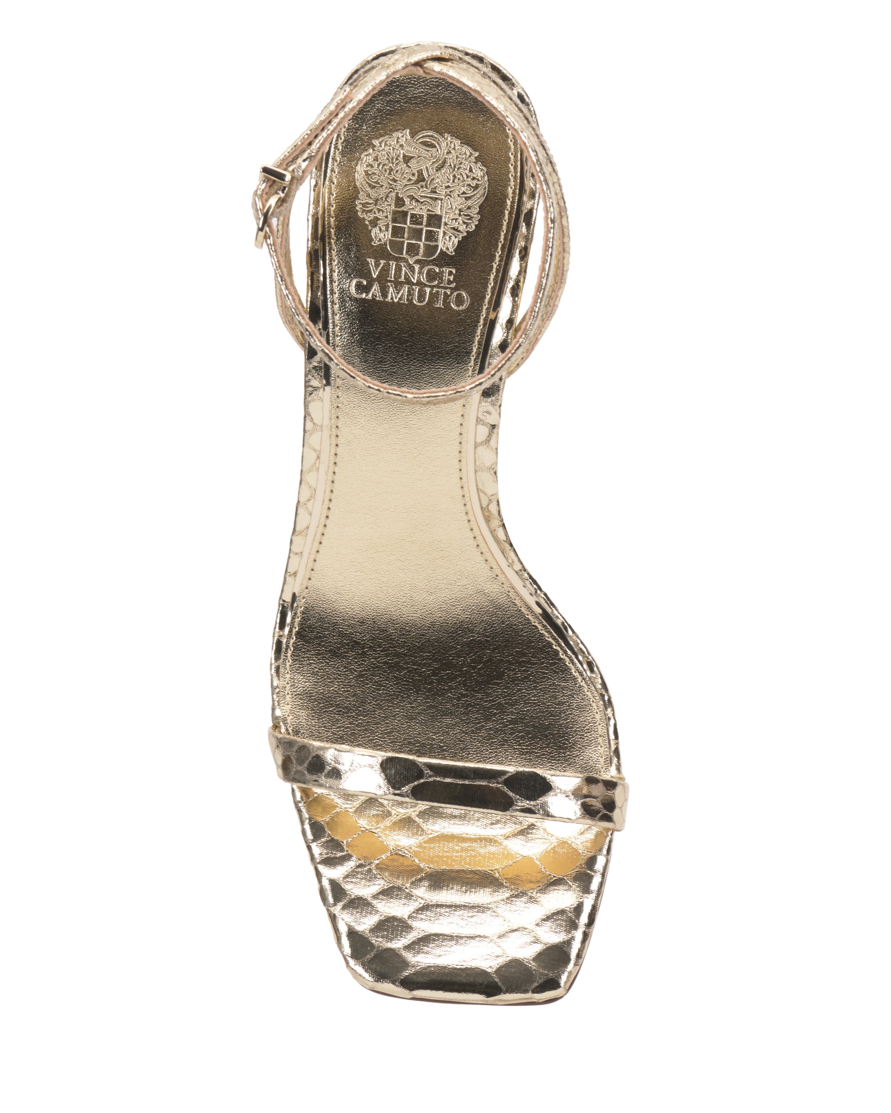 The Vince Camuto Ambee Wedge Sandal features a gold, textured snakeskin pattern, open square toe, ankle strap, and logo on the insole. This high-heeled sandal is perfect for formal occasions and is shown from above on a white background.