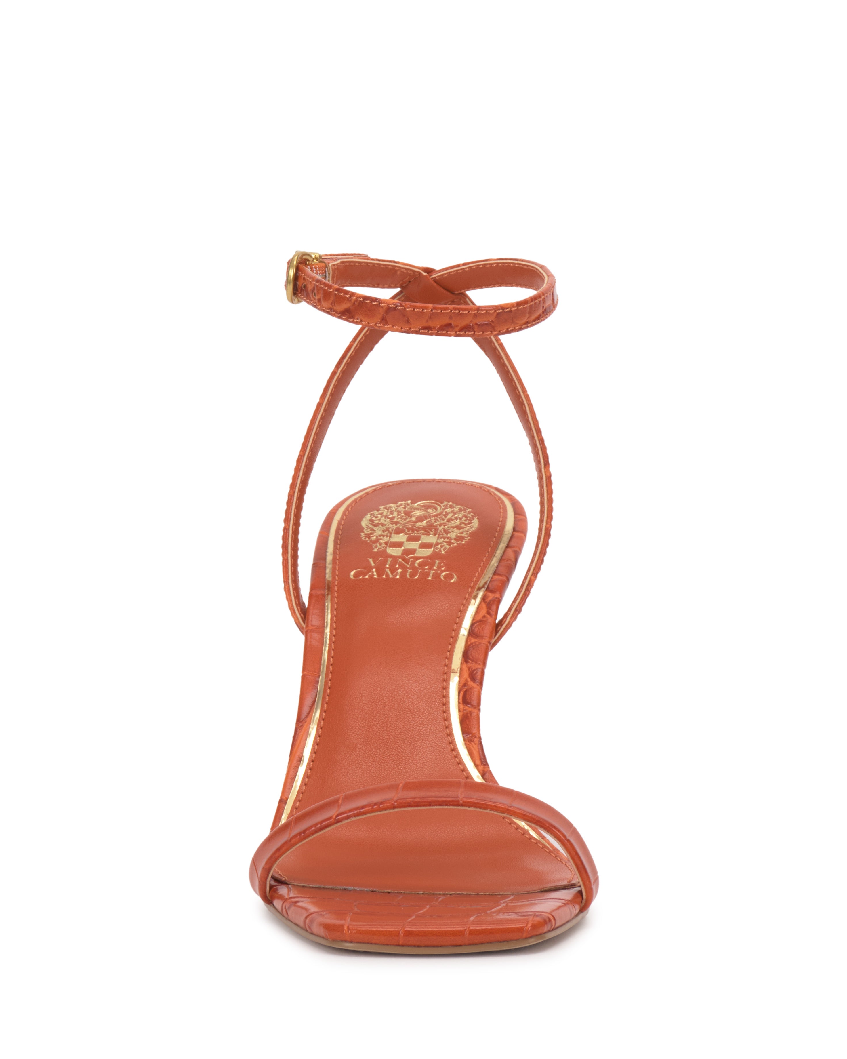 Front view of the Vince Camuto Ambee Wedge Sandal in orange, featuring a thin ankle strap with gold buckle, crocodile texture, square toe, and gold logo on the insole—ideal for formal occasions.