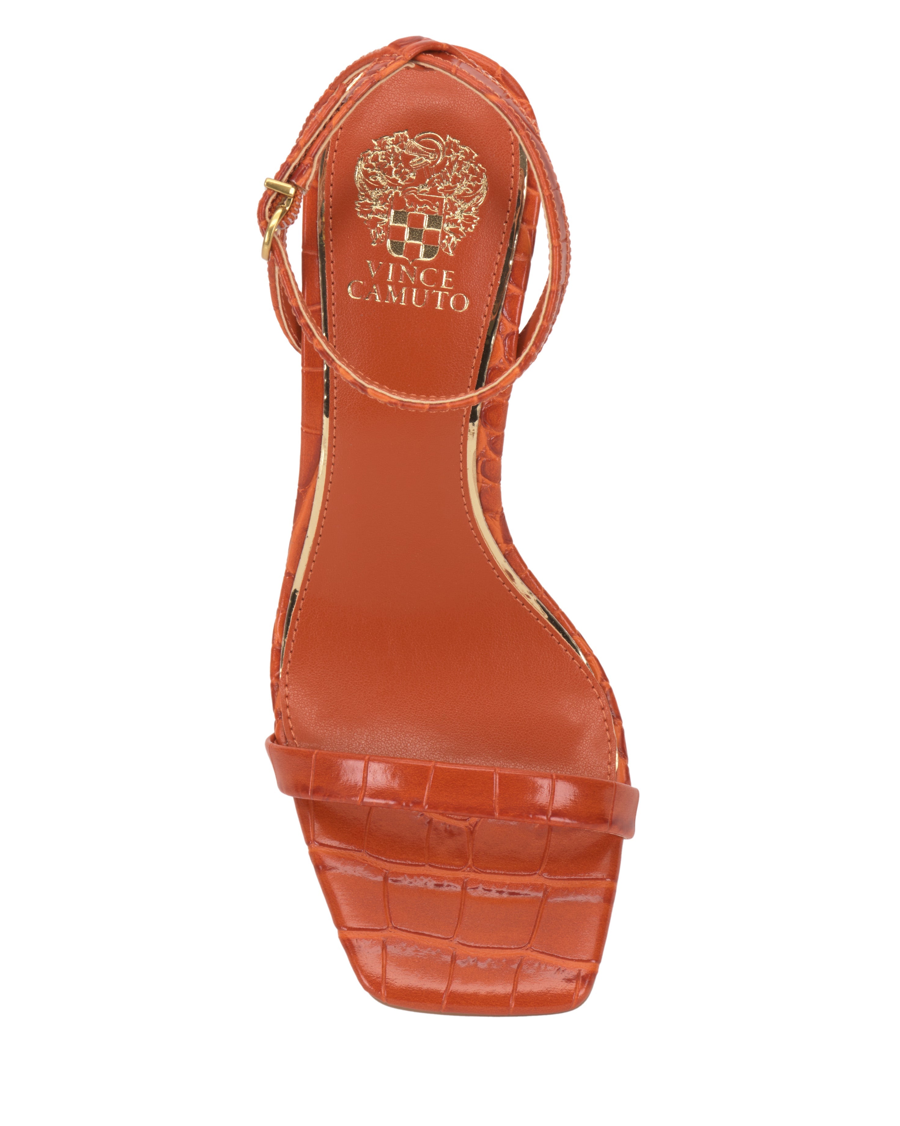 Top view of the Vince Camuto Ambee Wedge Sandal—orange with crocodile texture, wedge heel, square toe, ankle strap with gold buckle, and branded insole. A chic choice for formal occasions.
