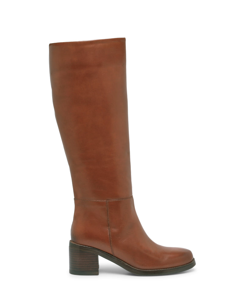 The Vince Camuto Ammar Narrow Calf Knee High Boot is a tall brown leather boot featuring a chunky block heel, a rounded toe, and a smooth finish, displayed in profile against a plain white background.