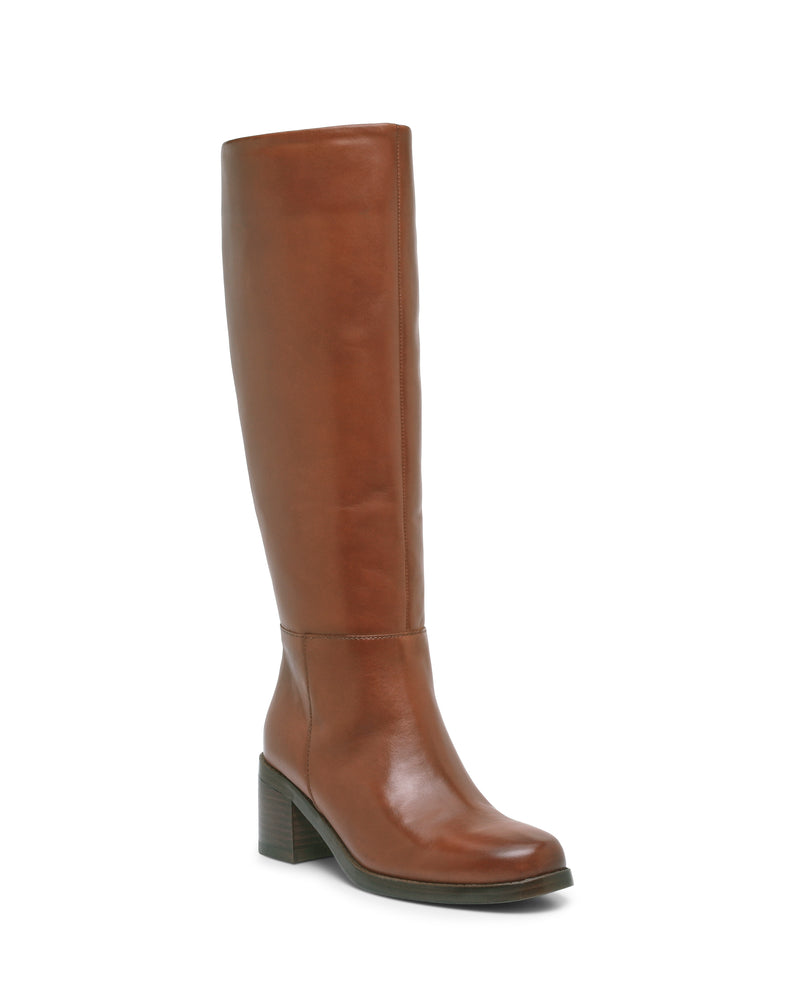 The Ammar Narrow Calf Knee High Boot by Vince Camuto is a single tall, brown leather boot featuring a chunky block heel and round toe, shown against a white background.