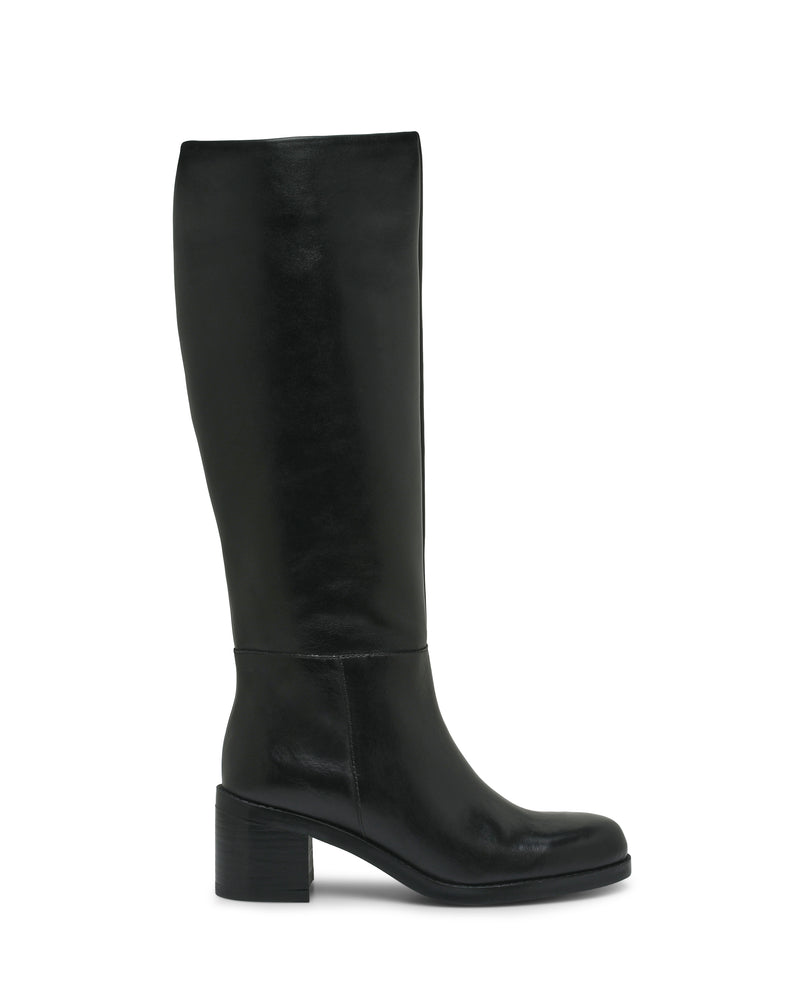 The Vince Camuto Ammar Wide Calf Knee High Boot is a tall, black leather boot featuring a low block heel and rounded toe, shown in profile against a white background—perfect for elevating any casual wardrobe.