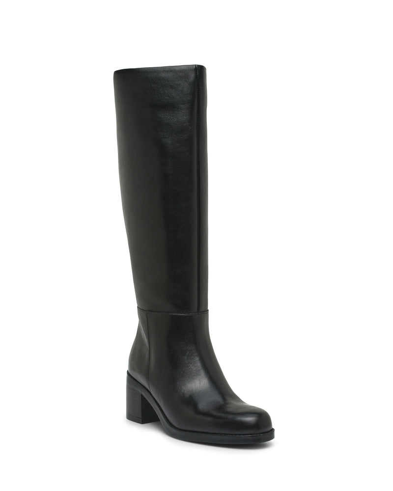 The Vince Camuto Ammar Wide Calf Knee High Boot is displayed at an angle on a plain white background, featuring a single black design with a low block heel that makes it a versatile addition to any casual wardrobe.