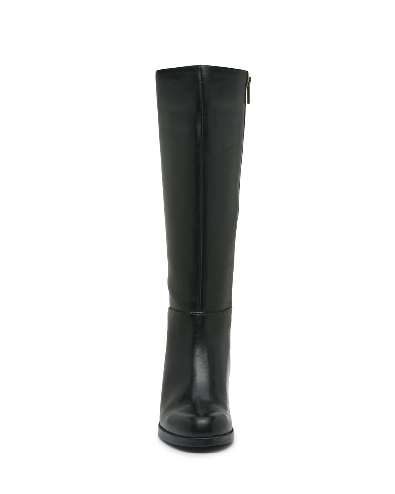 Front view of the Vince Camuto Ammar Wide Calf Knee High Boot in sleek black leather, designed with a rounded toe, convenient side zipper, and a chic block heel—an ideal choice for adding stylish flair to your casual wardrobe.