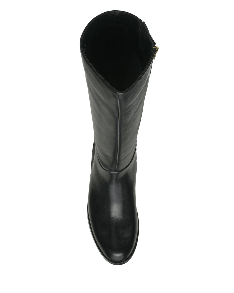 A top-down view of the Vince Camuto Ammar Wide Calf Knee High Boot, featuring sleek black leather, a side zipper, and a fashionable block heel—photographed on a white background and ideal for enhancing any casual wardrobe.