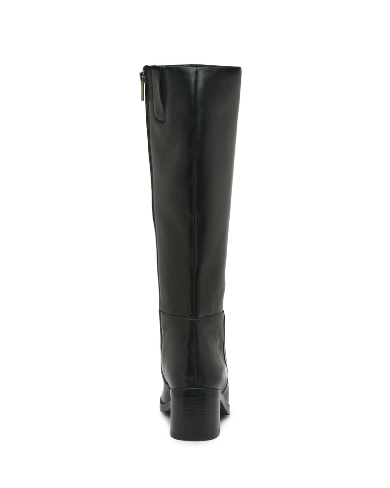 The Vince Camuto Ammar Extra Wide Calf Knee High Boot is shown from the back, featuring black leather, a low block heel, and a side zipper.
