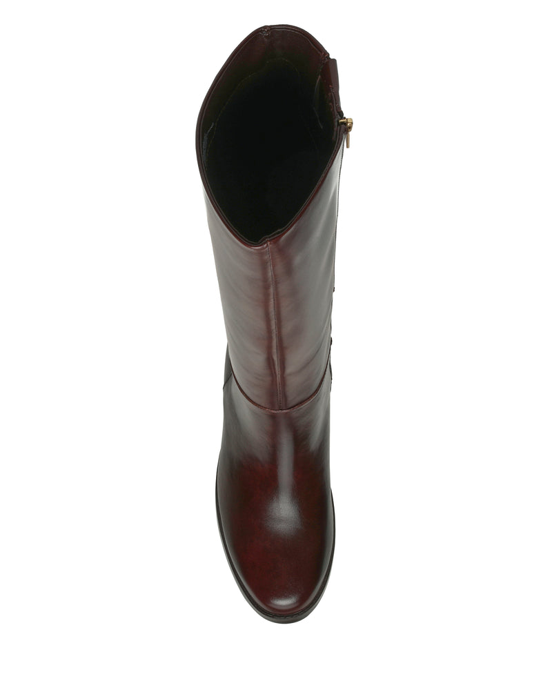 Top view of the Vince Camuto Ammar Extra Wide Calf Knee High Boot in rich dark brown leather, featuring a side zipper and a chic block heel, displayed against a white background—an ideal choice for enhancing any casual wardrobe.