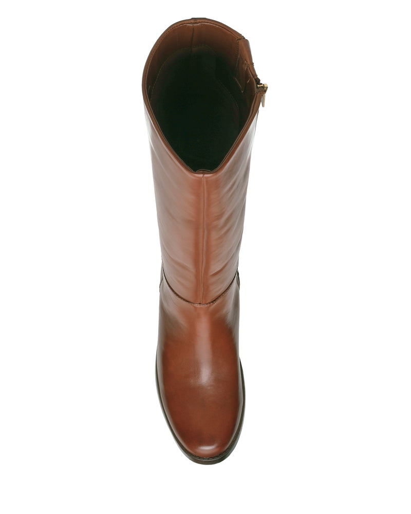 The Vince Camuto Ammar Extra Wide Calf Knee High Boot is shown from above in brown leather, featuring a sleek block heel against a white background—an essential addition to any casual wardrobe.
