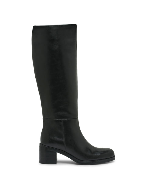 The Vince Camuto Ammar Knee High Boot, crafted in tall black leather with a rounded toe and chunky block heel, is shown in profile against a white background—an effortlessly chic addition to any casual wardrobe.