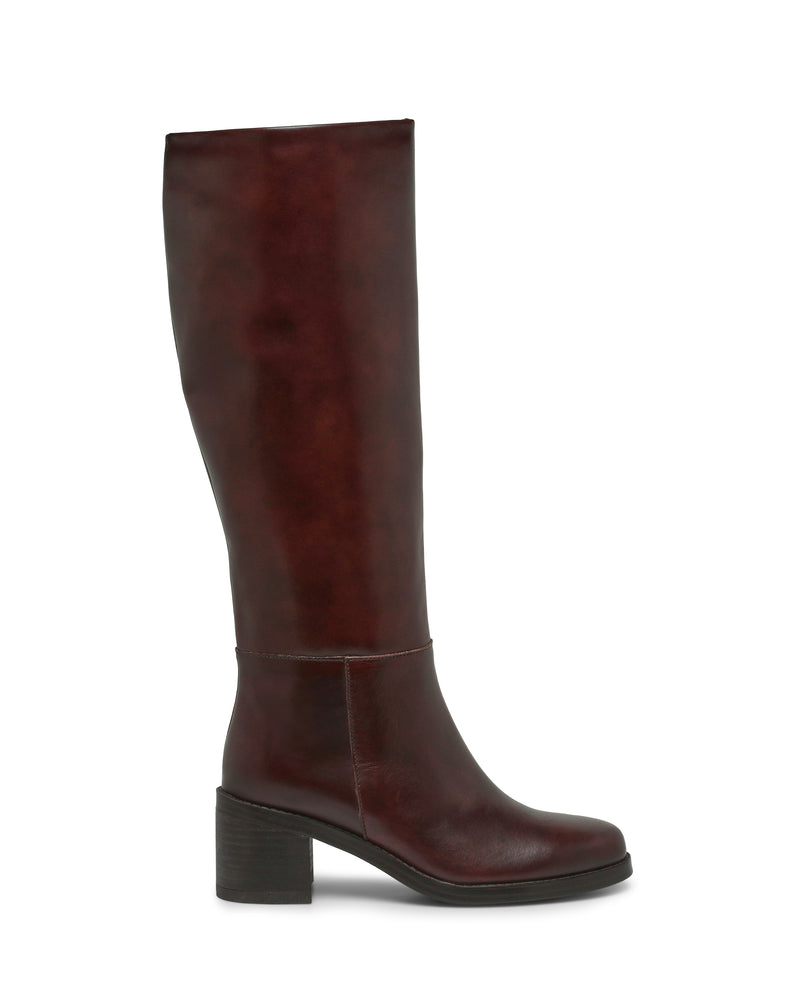 The Ammar Knee High Boot by Vince Camuto is displayed in side profile against a white background—this single dark brown leather boot features a chunky, mid-height block heel and a rounded toe, making it an effortless addition to any casual wardrobe.