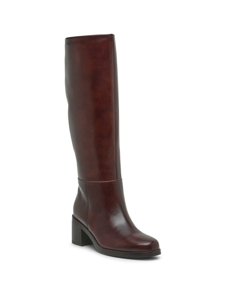 The Vince Camuto Ammar Knee High Boot is displayed on a white background—crafted from dark brown leather with a rounded toe and block heel, this single knee-high boot is an effortless addition to any casual wardrobe.