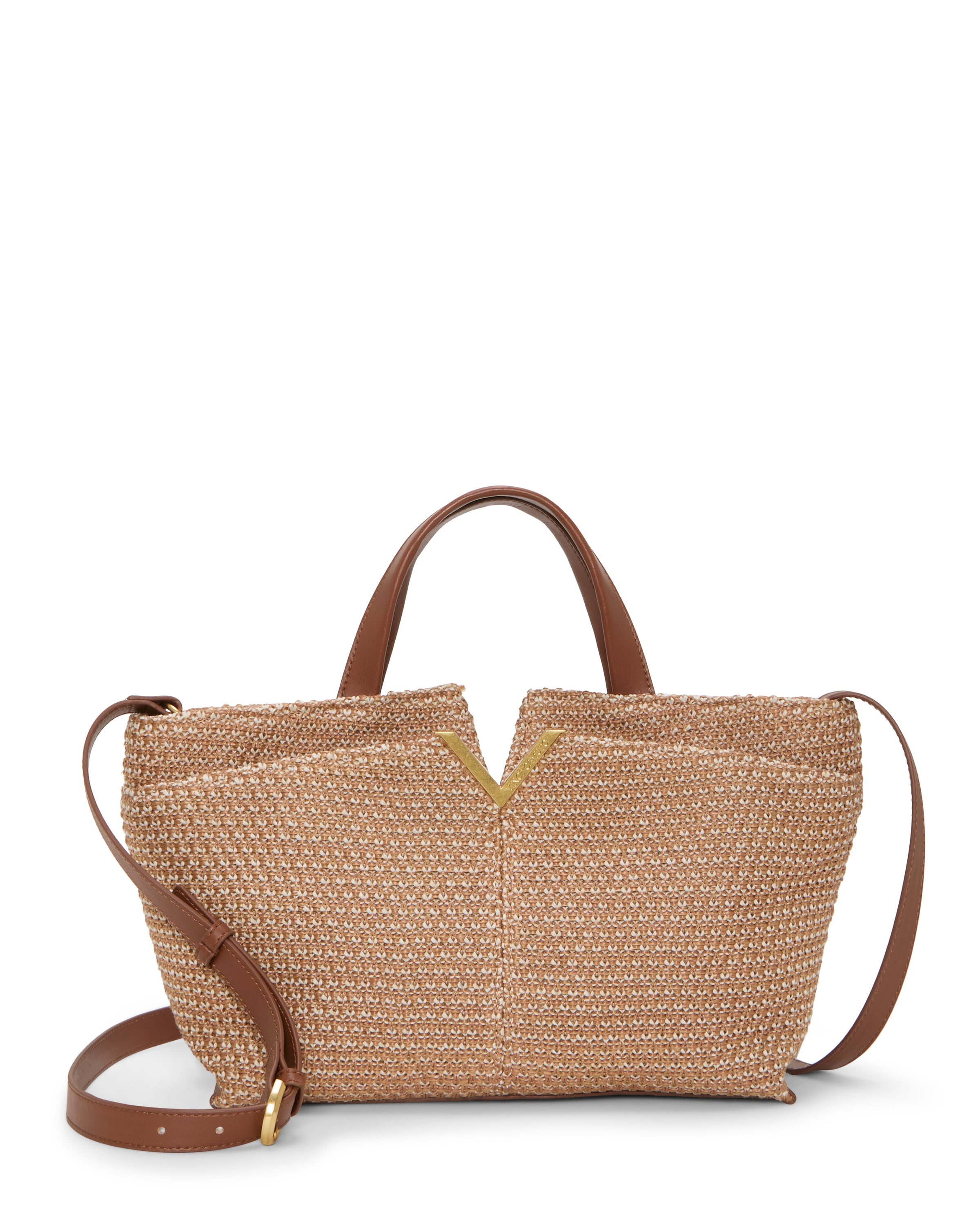 The Vince Camuto April Satchel Bag features woven straw, brown leather handles, a matching adjustable crossbody strap, and a V-shaped gold-accented notch at the top center that highlights its chic raffia texture.