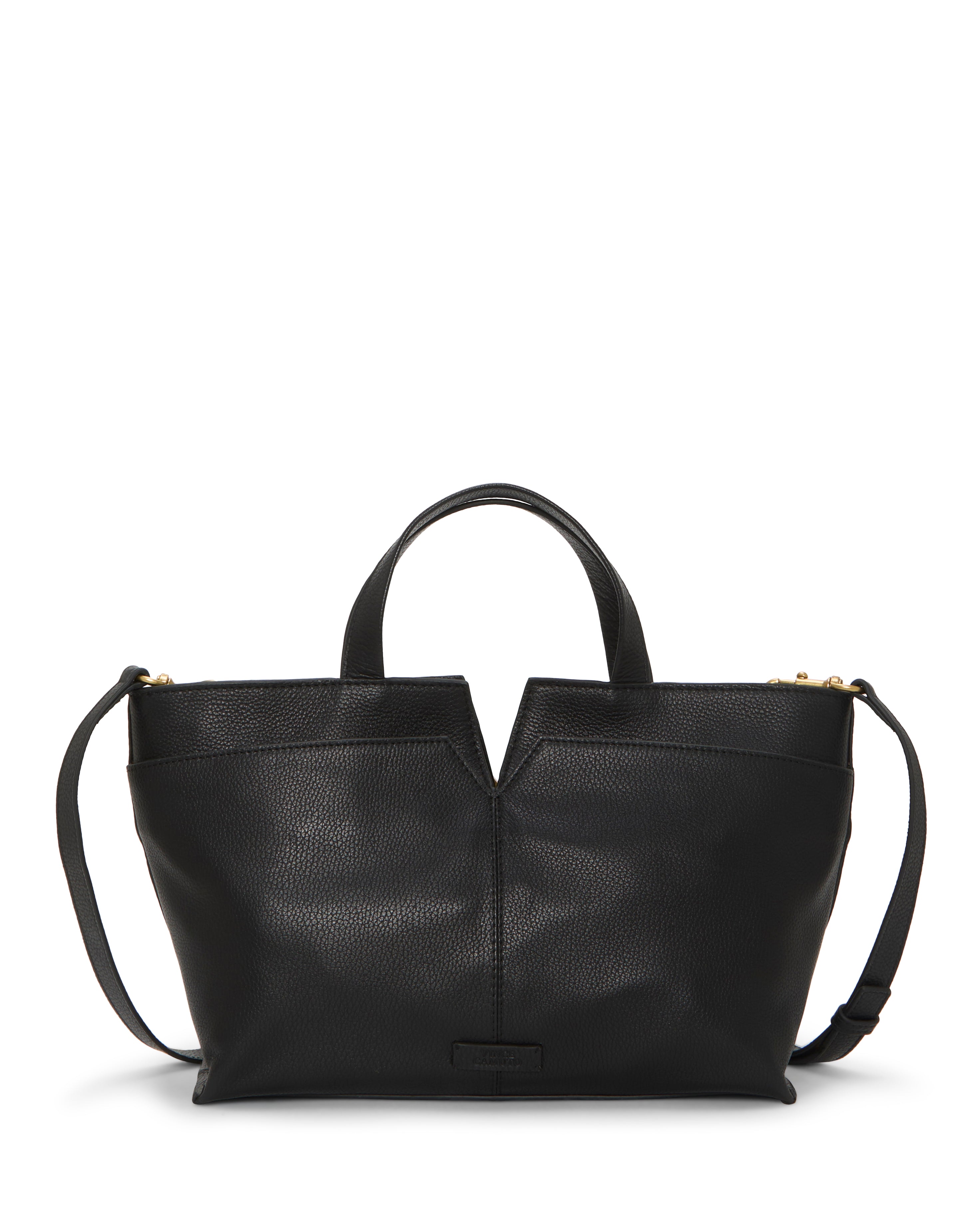 The Vince Camuto April Satchel Bag is a black leather tote with a V-shaped notch, pebbled texture, two short handles, and a long adjustable shoulder strap.