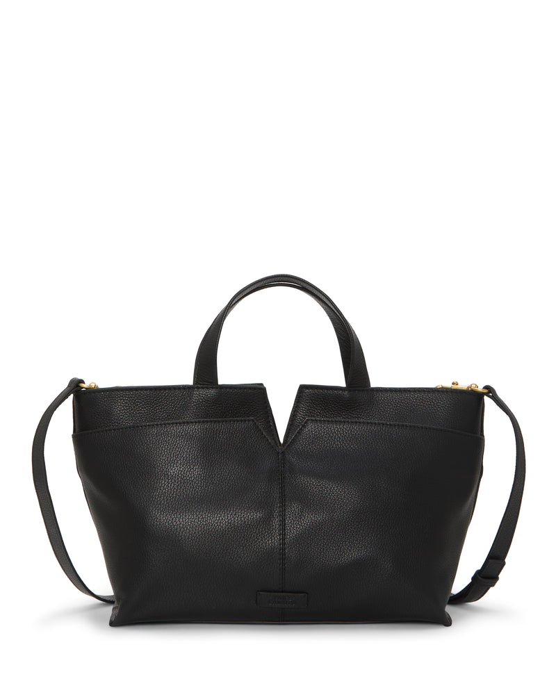 The Vince Camuto April Satchel Bag is a black leather tote with a V-shaped notch, pebbled texture, two short handles, and a long adjustable shoulder strap.