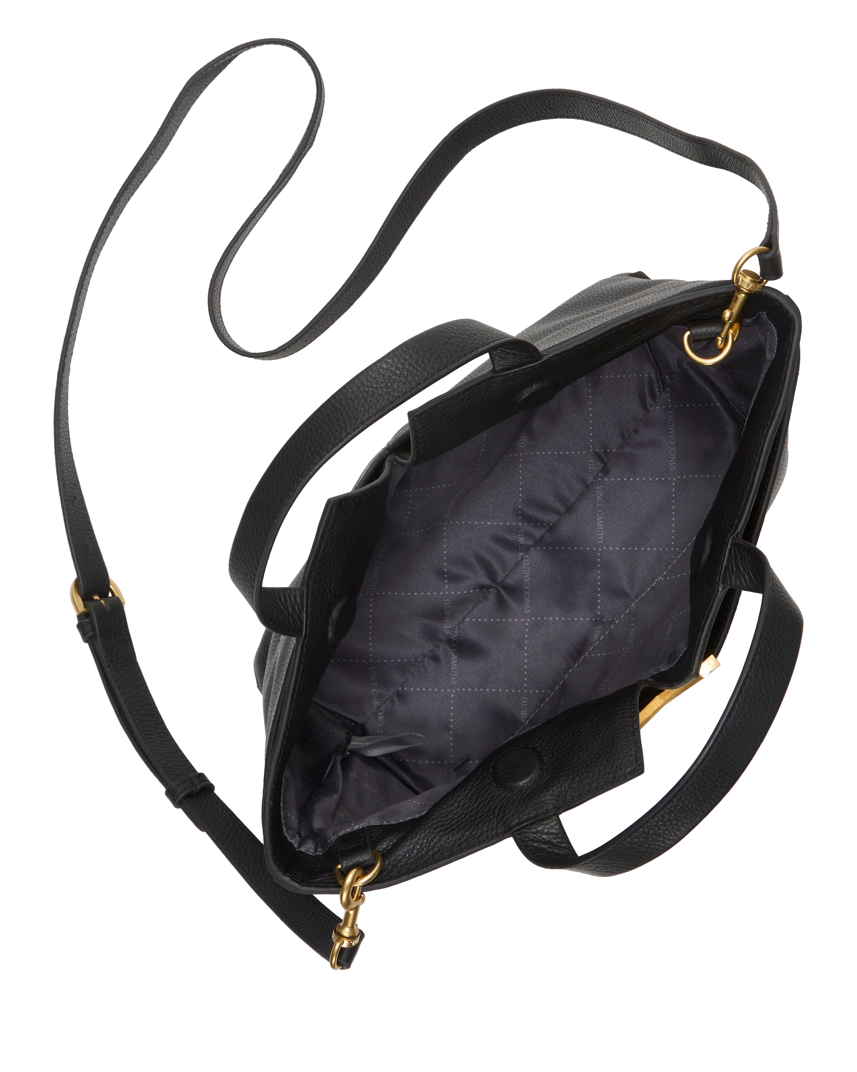 The Vince Camuto April Satchel Bag features black leather, two handles, a long adjustable strap, gold hardware, and a quilted dark grey interior lining visible through its open main compartment.