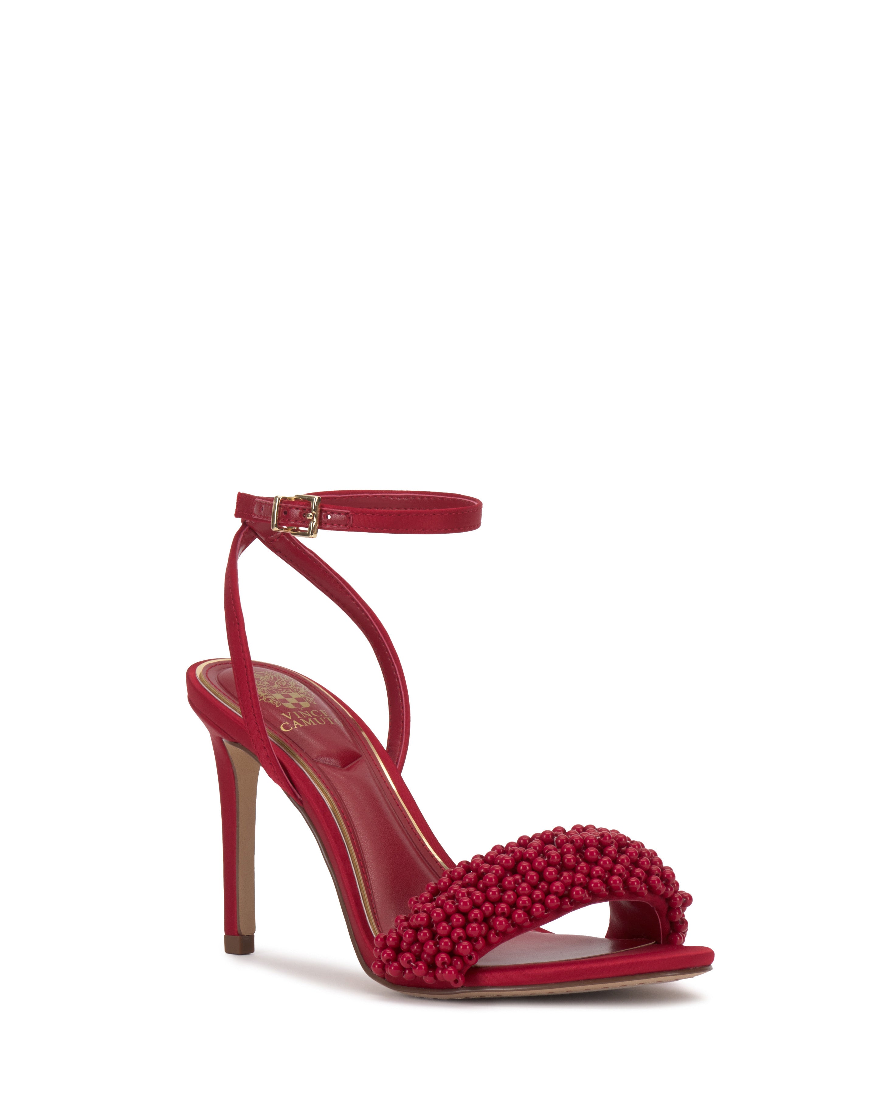 The Arleem Sandal by Vince Camuto is a red high-heeled shoe with an ankle strap, buckle, beaded toe strap, and slim heel—ideal for formal occasions.