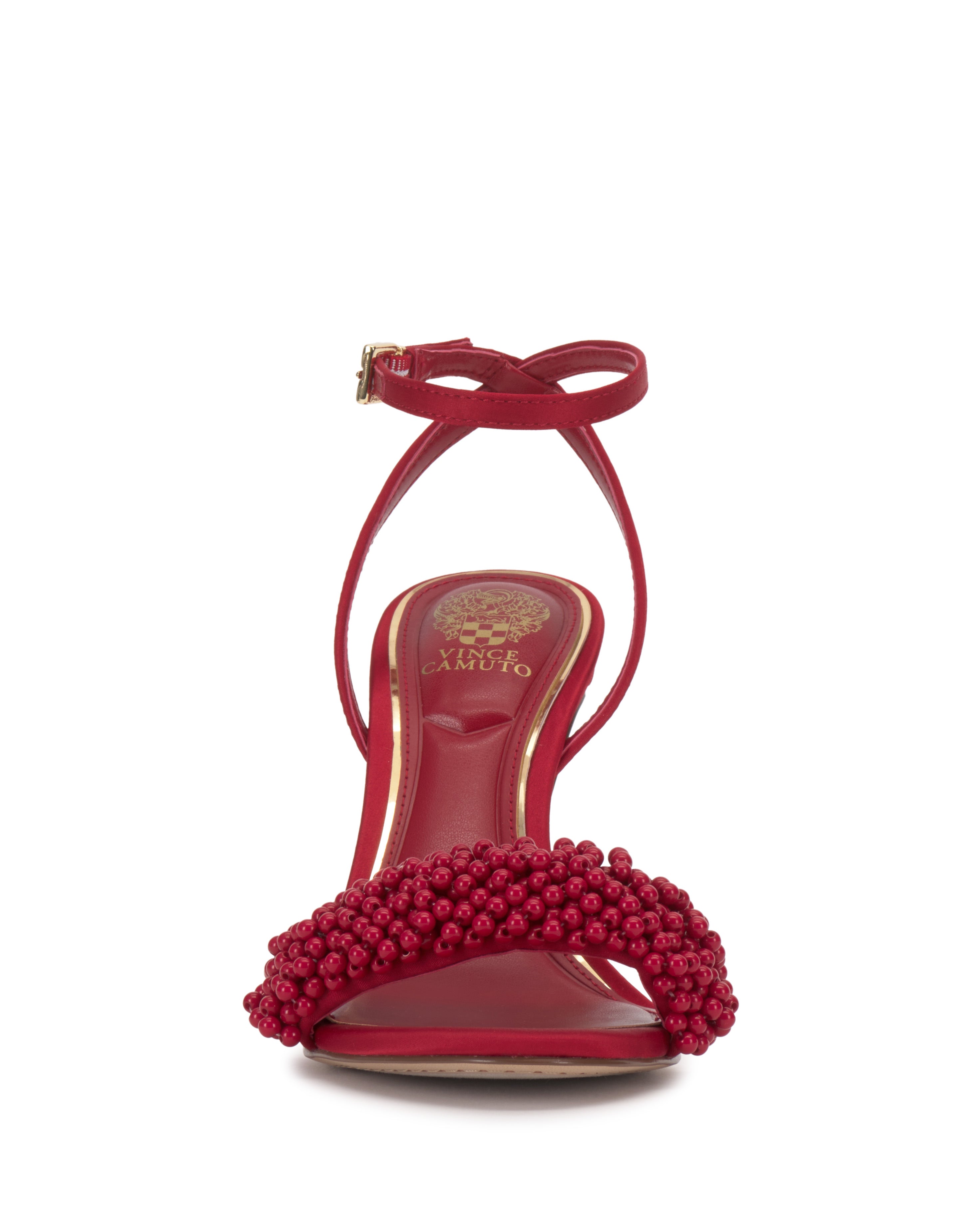 Front view of the Arleem Sandal by Vince Camuto, a red high heel with an ankle strap and beaded toe strap detail, perfect for formal occasions. Features a gold-branded insole.