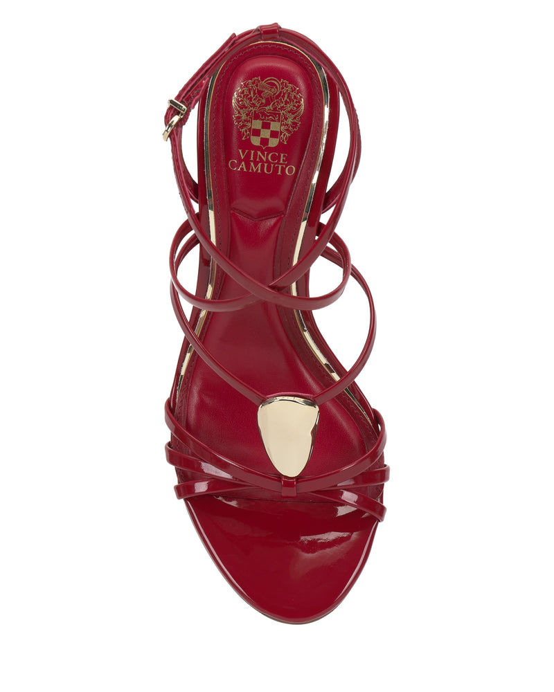 The Vince Camuto Arlein Sandal features bold red straps, a sharp heel, and a gold toe accent with the logo on the insole—ideal for elevating your next night-out ensemble.