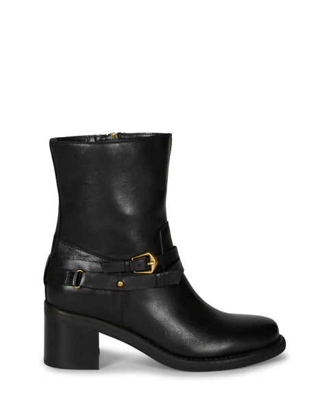 Introducing the Armia Bootie by Vince Camuto—a black leather ankle boot featuring a block heel, side zipper, and an elegant gold buckle harness with strap detail encircling the ankle.