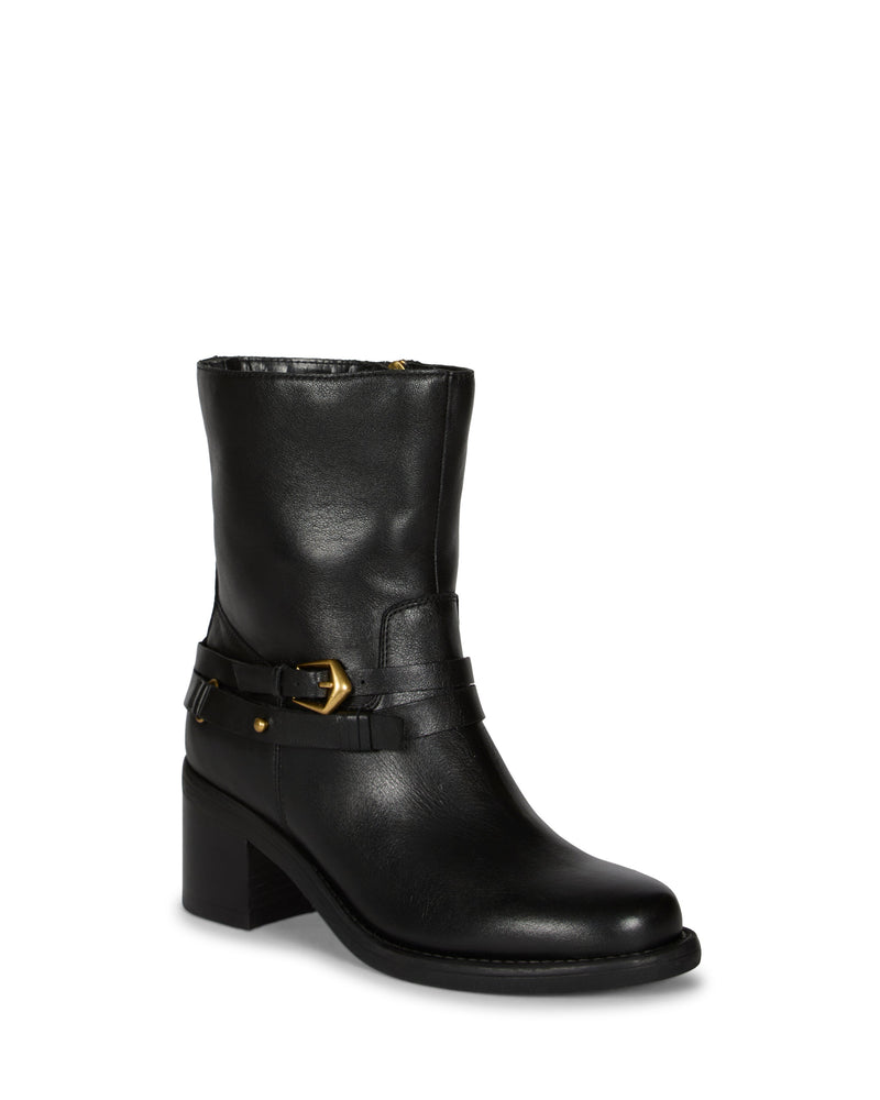 The Armia Bootie by Vince Camuto is a black mid-calf leather bootie featuring a block heel, side strap detail, and a gold buckle harness, displayed on a white background.
