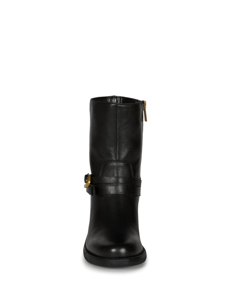Front view of the Vince Camuto Armia Bootie in black leather, featuring a low block heel, side zipper, and a decorative strap with a gold buckle harness detail.