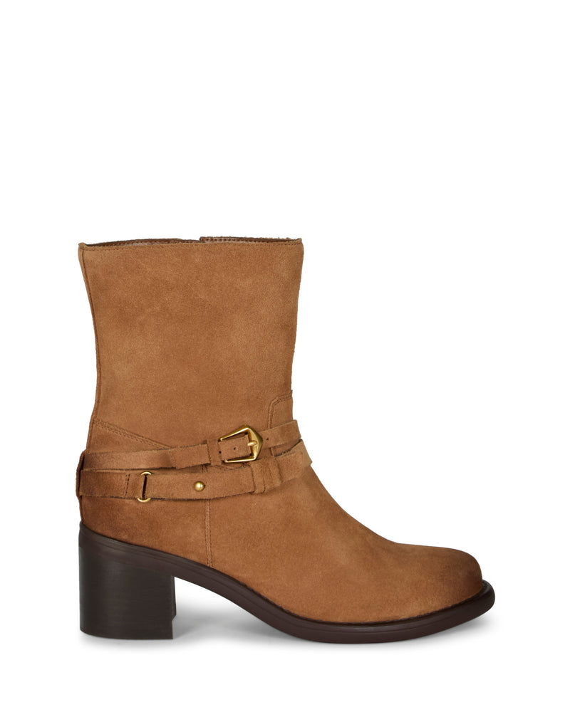 Step out in style with the Vince Camuto Armia Bootie, featuring tan suede, a rounded toe, and a mid-height block heel. This ankle boot is accented with a decorative side buckle, strap detail, a subtle harness accent for added flair, and finished with a smooth dark brown sole.