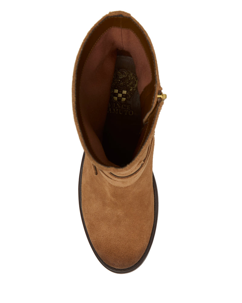 Top view of the Vince Camuto Armia Bootie in tan suede, showcasing a side zipper, visible brown interior lining, and a decorative logo on the insole. The bootie features a dark brown outsole with a stylish block heel.
