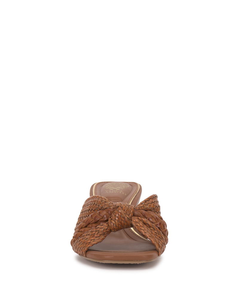 Front view of the Atemly Knotted Sandal by Vince Camuto, featuring brown braided straps, woven details, open toe, and a chic block heel on a white background.
