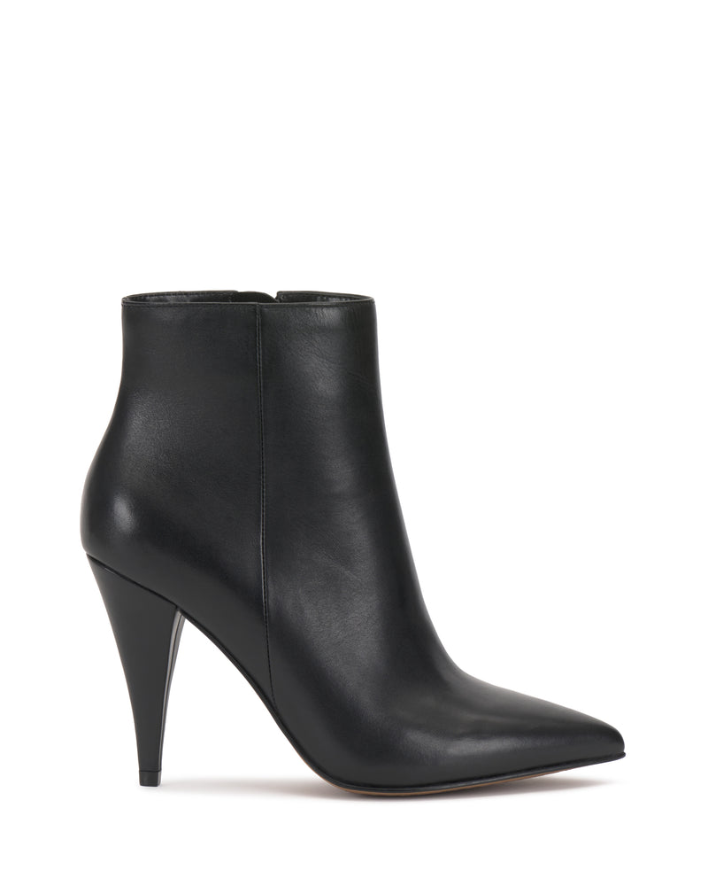 The Attiza Bootie by Vince Camuto is a sleek black leather ankle bootie with a pointed toe and high cone-shaped heel, displayed in profile against a white background.