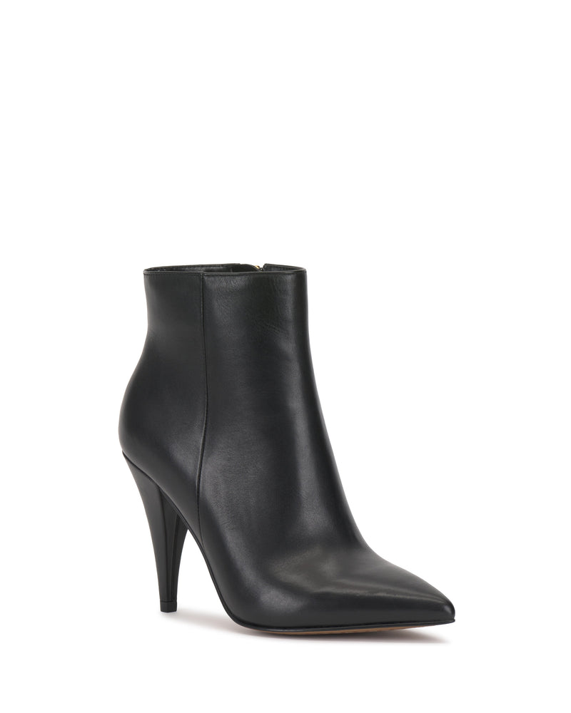 The Vince Camuto Attiza Bootie is a black leather ankle bootie featuring a pointed toe and high stiletto heel, displayed against a plain white background.