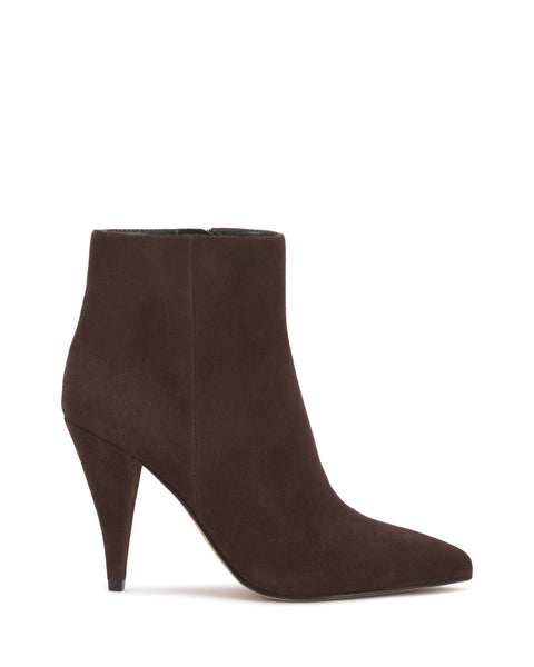The Vince Camuto Attiza Bootie is a single dark brown suede ankle bootie with a pointed toe and high heel, displayed from the side on a white background.
