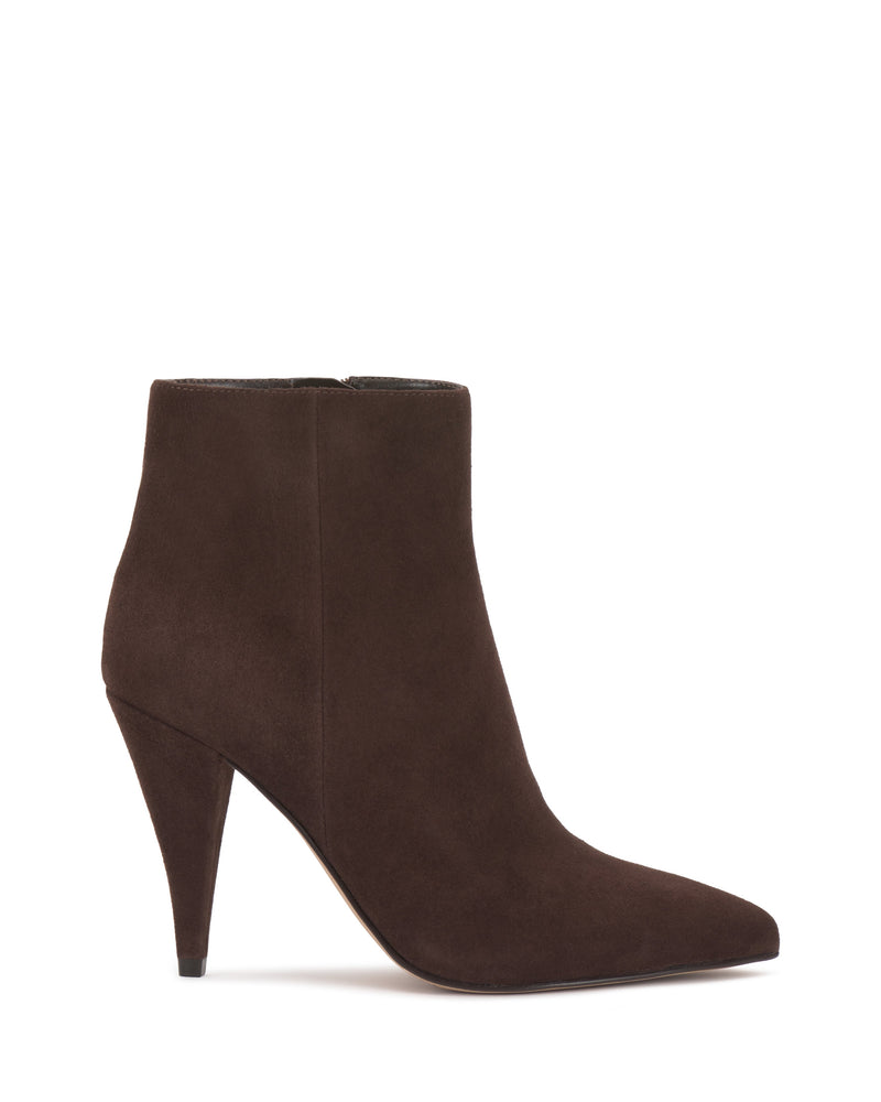 The Vince Camuto Attiza Bootie is a single dark brown suede ankle bootie with a pointed toe and high heel, displayed from the side on a white background.
