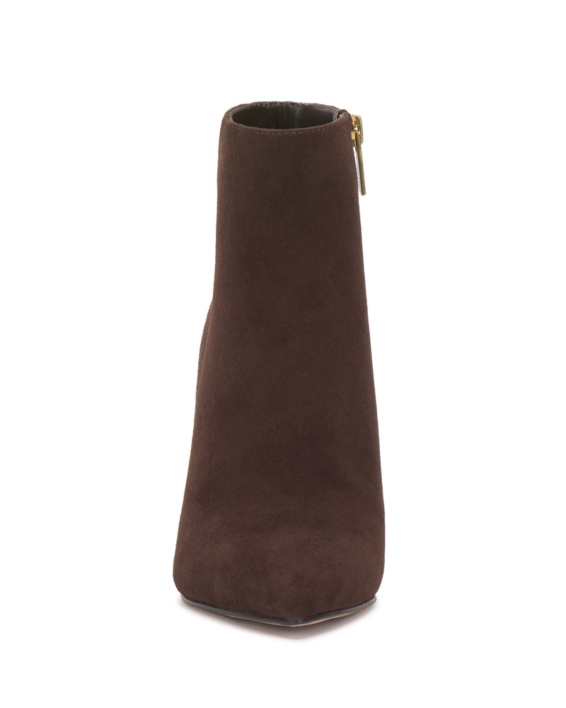 Front view of the Vince Camuto Attiza Bootie in brown suede, featuring a squared toe, high heel, and a gold side zipper.