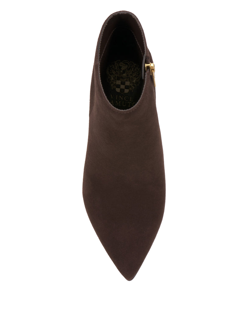 Top view of a single Vince Camuto Attiza Bootie in brown suede with a pointed toe and gold buckle detail, photographed on a white background.
