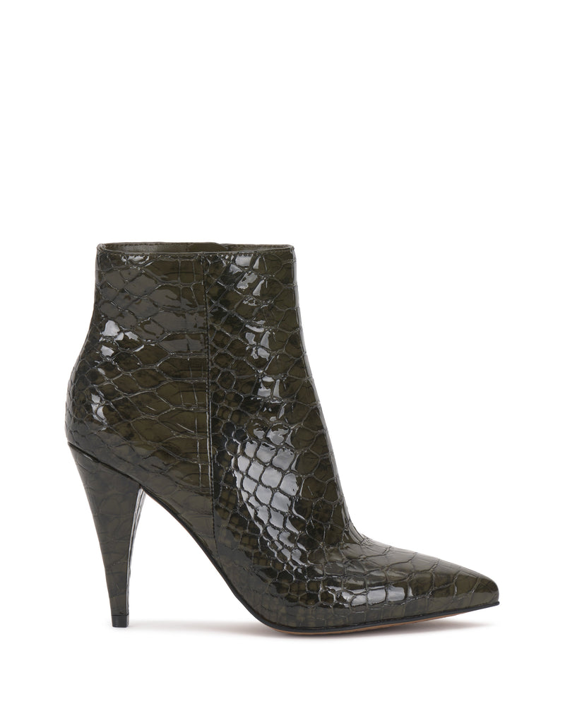 The Attiza Bootie by Vince Camuto features an olive green, crocodile-embossed texture, pointed toe, and sleek modern design with a slim stiletto heel—perfect for making a stylish statement.
