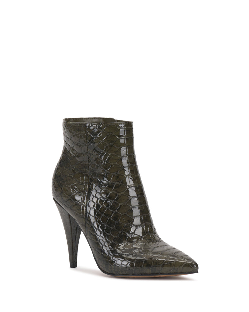 The Attiza Bootie by Vince Camuto features a glossy dark green faux snakeskin texture, pointed toe, and high stiletto heel, displayed against a plain white background.