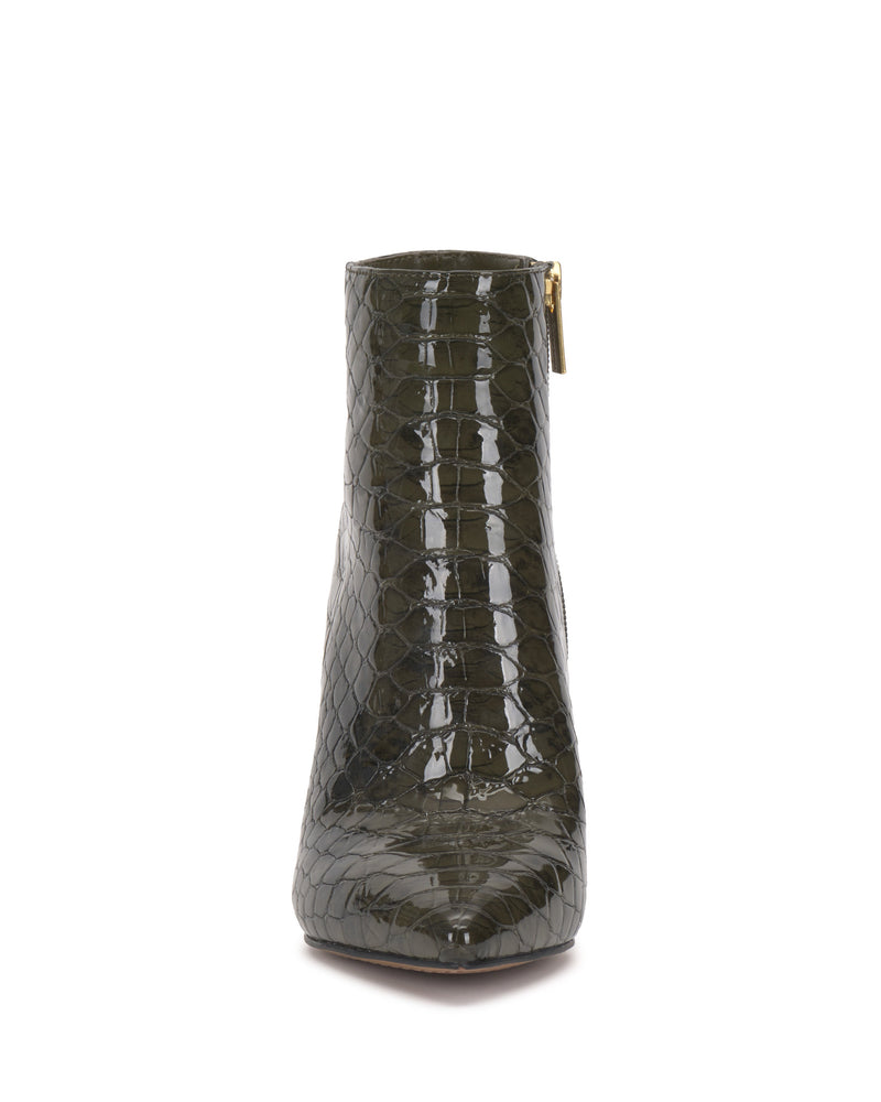 Front view of the Vince Camuto Attiza Bootie, a dark green ankle boot with high heel, glossy crocodile skin pattern, pointed toe, and side zipper.