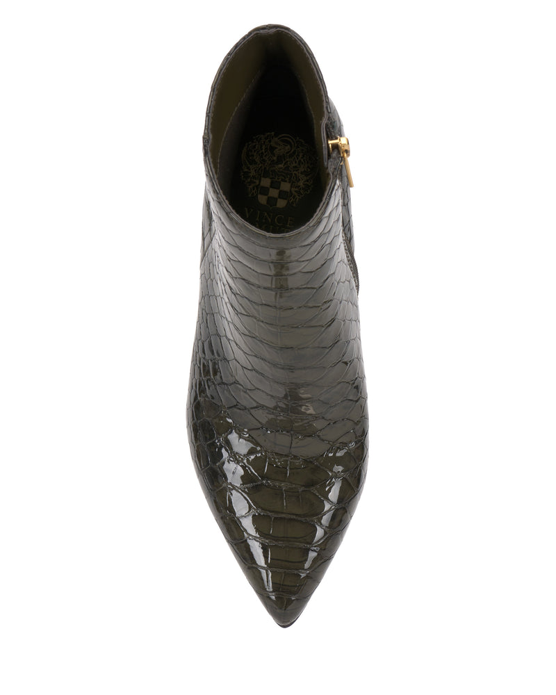 Top view of the Vince Camuto Attiza Bootie, a dark green, pointed-toe ankle bootie with shiny crocodile-embossed texture and a gold side zipper. This chic high heel adds an elegant touch to any outfit.