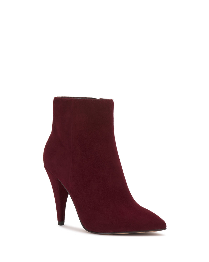The Vince Camuto Attiza Bootie—a single burgundy suede ankle bootie with a pointed toe and high heel—is displayed against a plain white background.