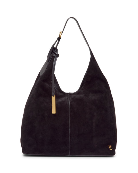 Black suede Vince Camuto Aylla Hobo bag with a shoulder strap, gold hardware, and a hanging rectangular charm, serving as a sophisticated and versatile accessory.