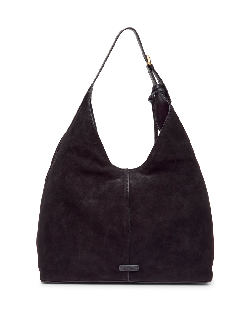 Sophisticated black suede Aylla Hobo Bag by Vince Camuto with a single shoulder strap and a small metallic logo plate at the base.
