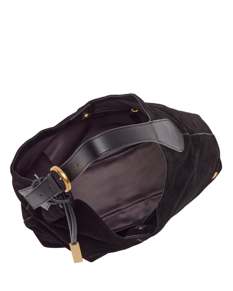 Versatile Vince Camuto Aylla Hobo Bag in black with a dark interior, a shoulder strap, and gold-tone buckle detail.