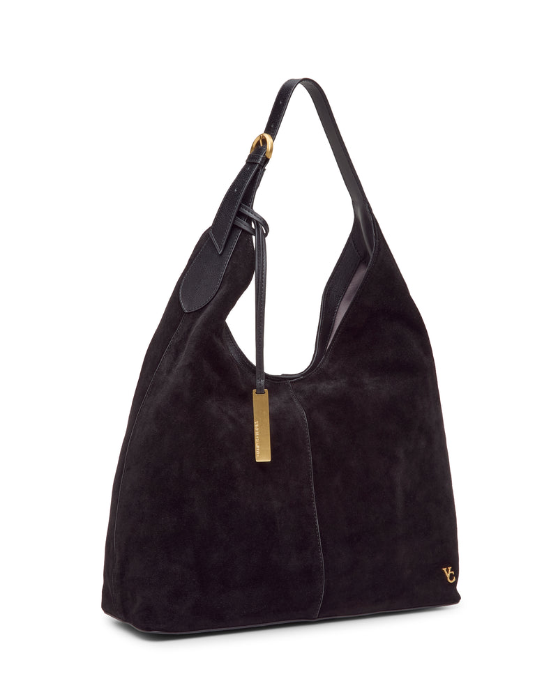 Vince Camuto Aylla Hobo Bag in sophisticated black with a single shoulder strap, gold-tone hardware, and a hanging rectangular charm.
