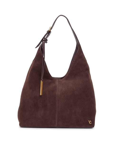 Sophisticated dark brown Vince Camuto Aylla Hobo bag with an adjustable shoulder strap and gold-tone hardware.
