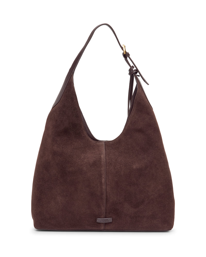 Dark brown suede Vince Camuto Aylla Hobo bag with a single shoulder strap and a small metal logo plaque at the base.